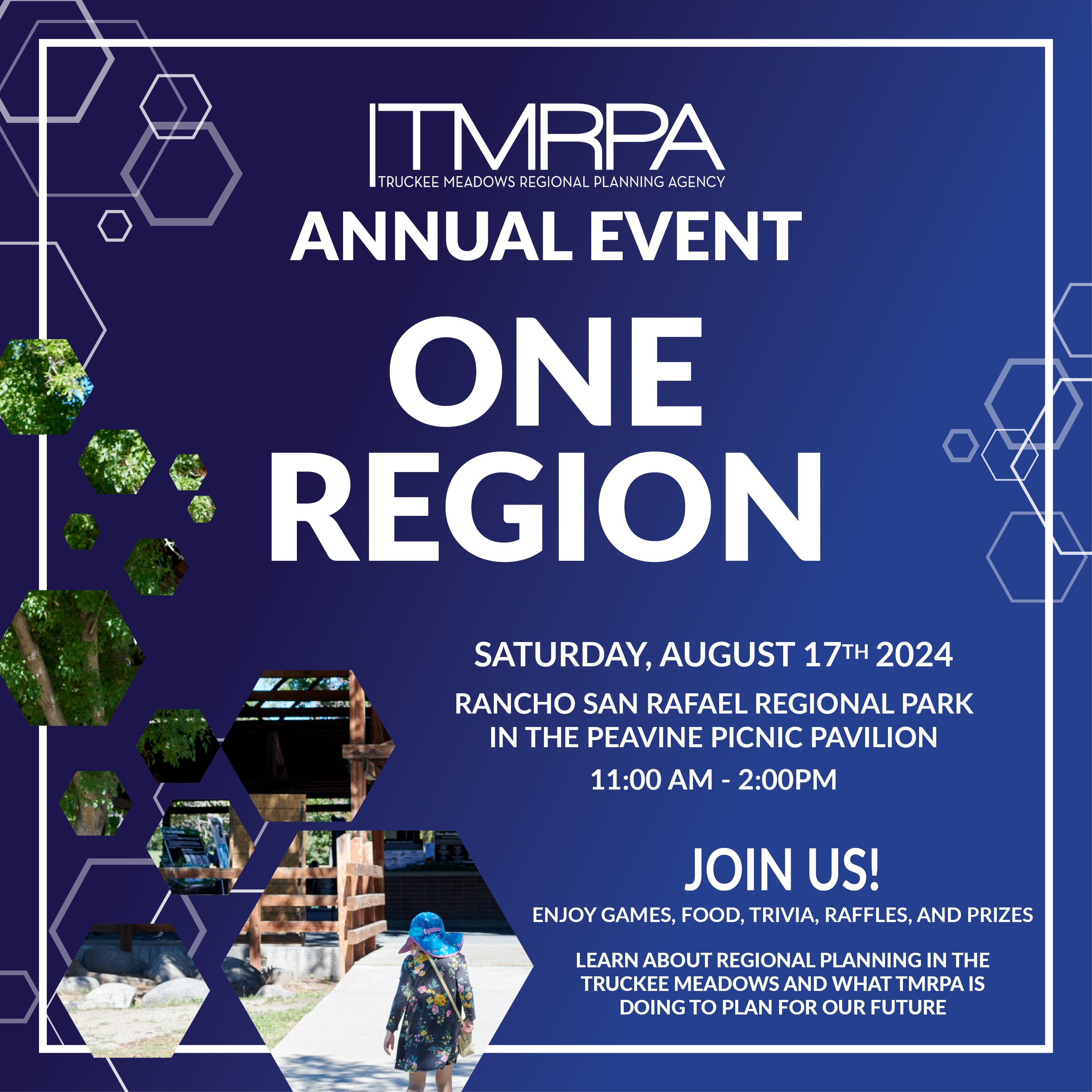 Poster for the Truckee Meadows Regional Planning Agency's annual event in 2024. Blue poster with white text, small photo of child in summer.