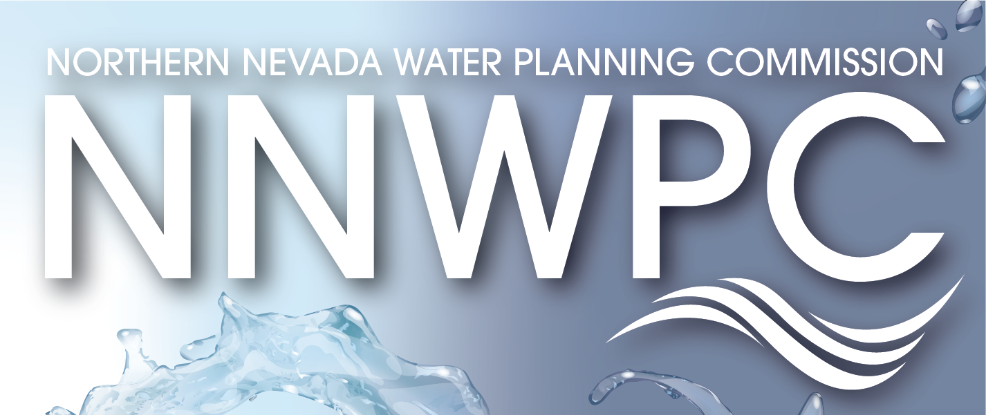 Logo for the Northern Nevada Water Planning Commission, white text with water drops surrounding logo