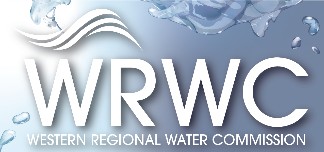 Logo for the Western Regional Water Commission, white text with water drops surrounding logo