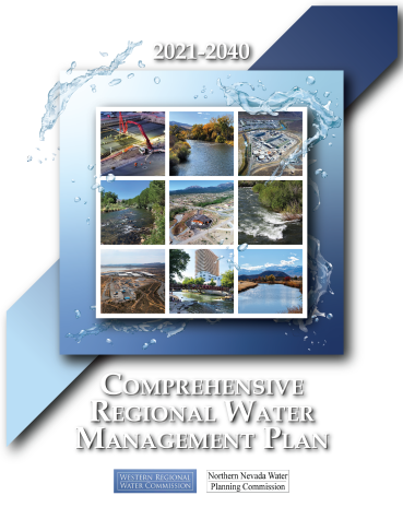 Cover for the Comprehensive Regional Water Management Plan. Cover is white with bands of light blue to dark blue gradients and water droplets throughout. There are photos in the center laid out in a grid of various water landscapes for the Truckee Meadows region, including water facilities and rivers or tributaries surrounded by foliage.